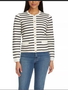Nine West striped cardigan gold-toned buttons and two front patch pockets.